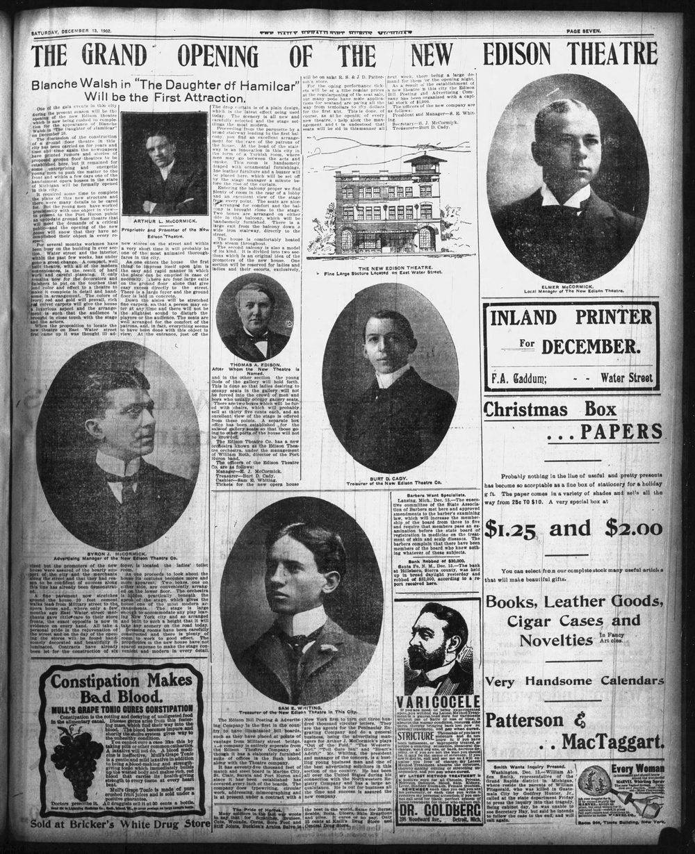 Edison Theatre - 1902 Grand Opening Article (newer photo)